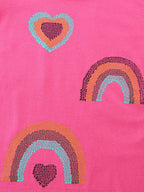 Hot pink kids T-shirt with colorful heart and rainbow graphics, front design close-up