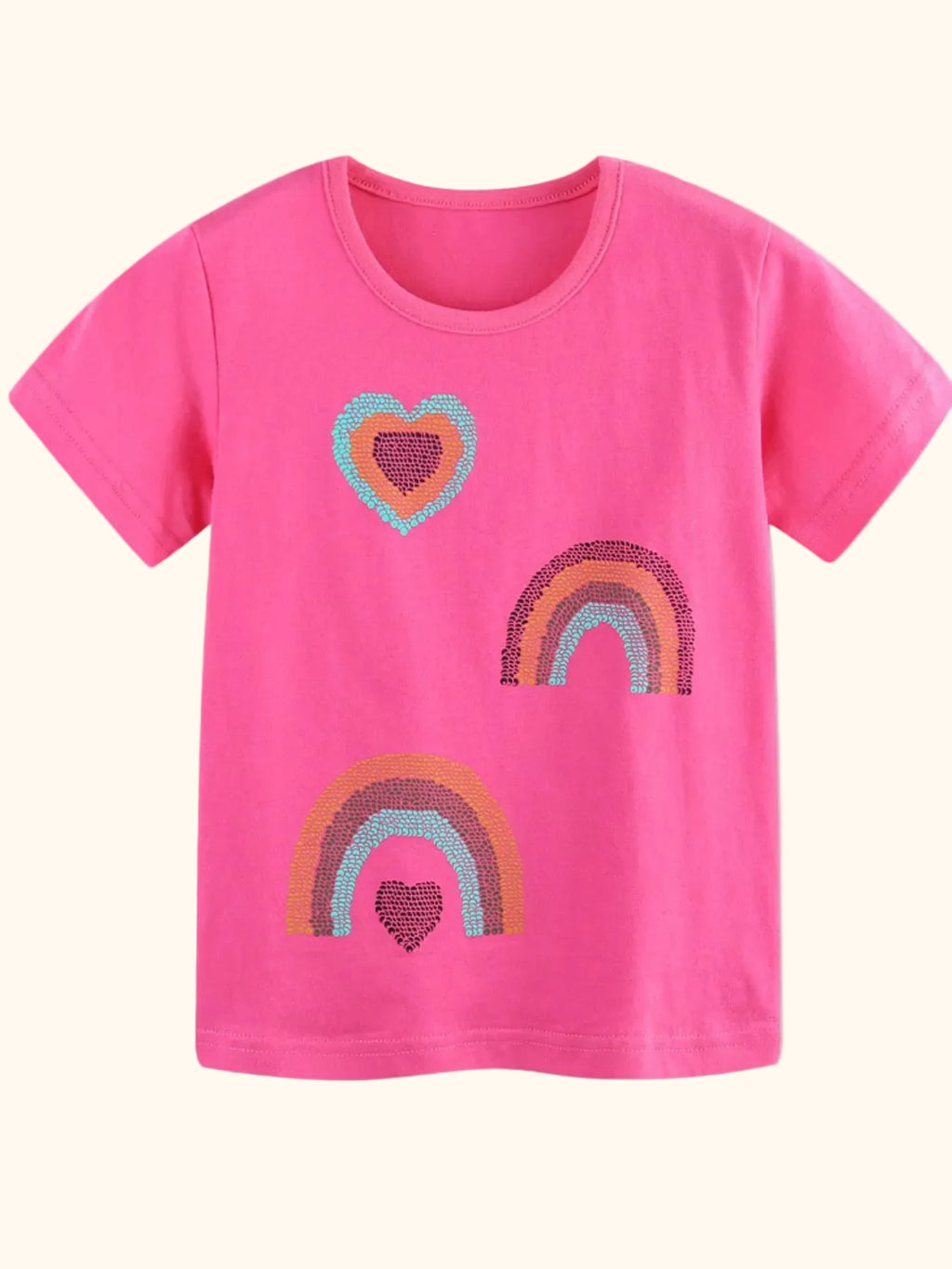 Hot pink kids heart and rainbow graphic T-shirt, front product view