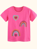 Hot pink kids heart and rainbow graphic T-shirt, front product view