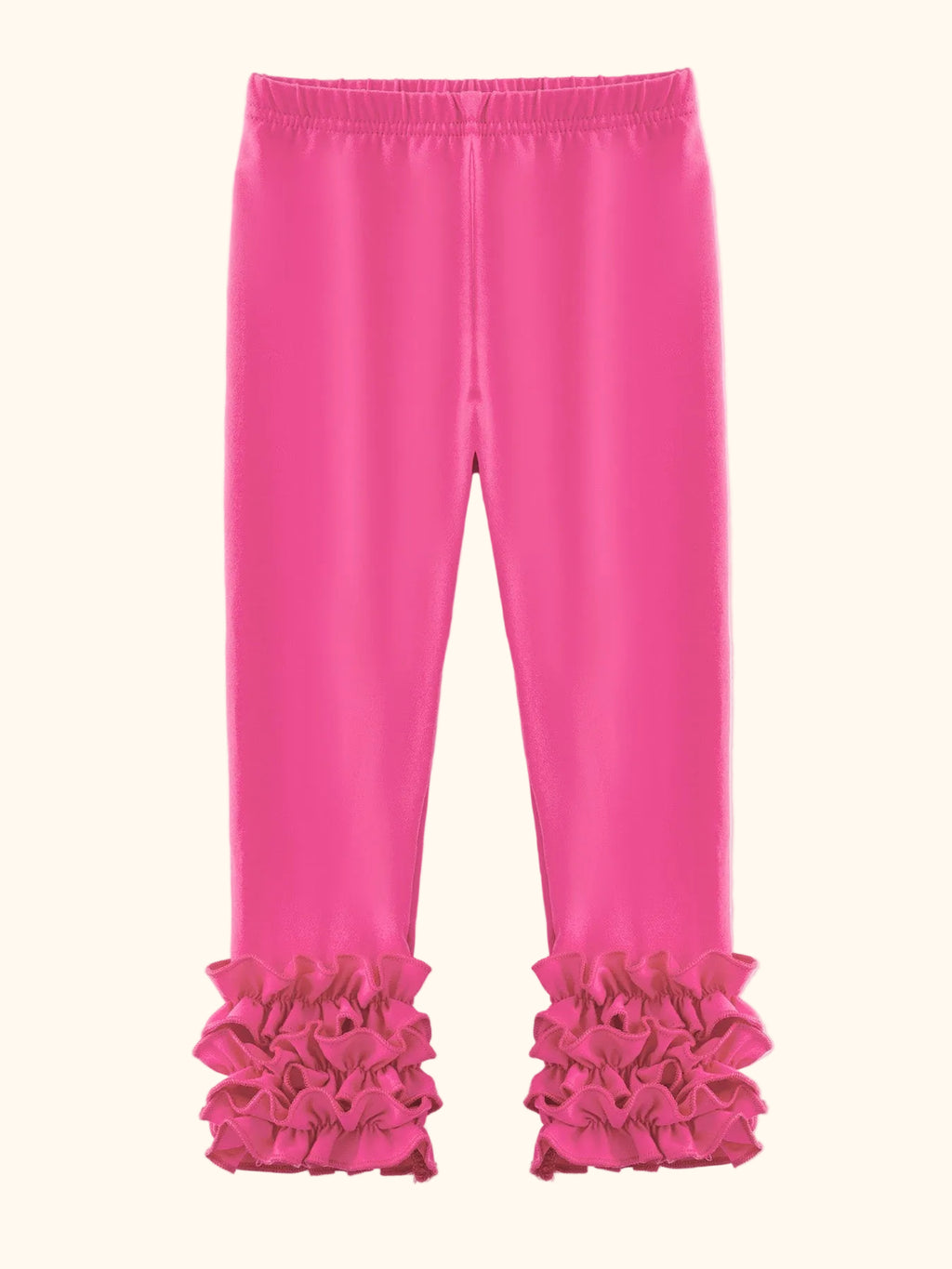 Hot pink kids tiered ruffle leggings with elastic waist and layered ankle ruffles, front view