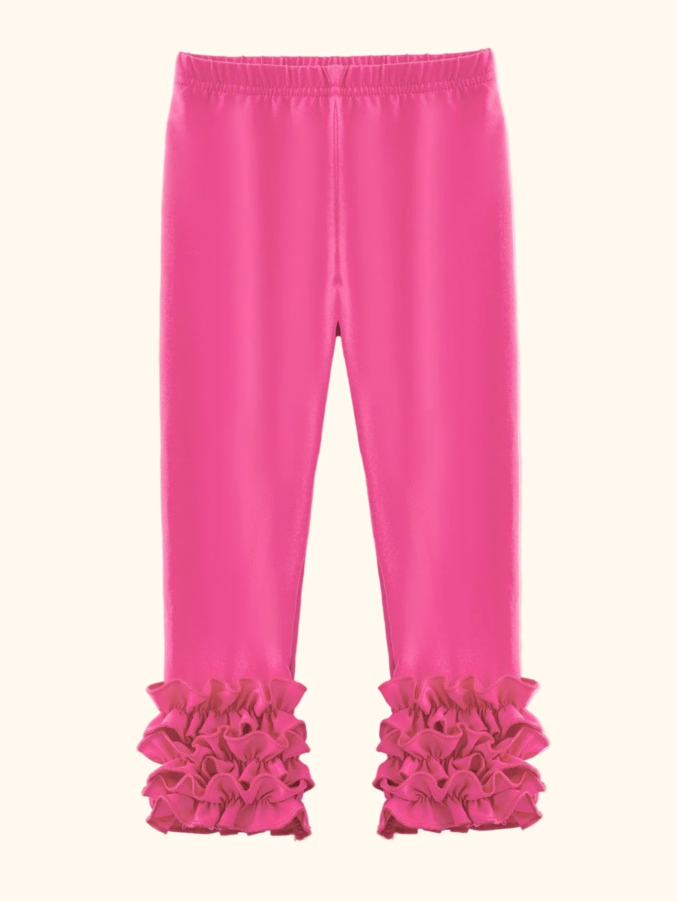 Hot pink kids tiered ruffle leggings with elastic waist and layered ankle ruffles, front view