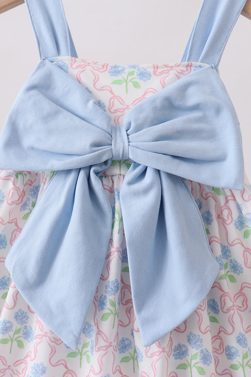 Hydrangea bow kids dress with oversized blue front bow, close-up detail view