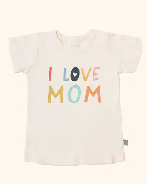 Ivory kids graphic T-shirt with colorful I Love Mom lettering, front product view