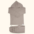 Taupe hooded top with kangaroo pocket and matching kids jogger pants, flat lay front view