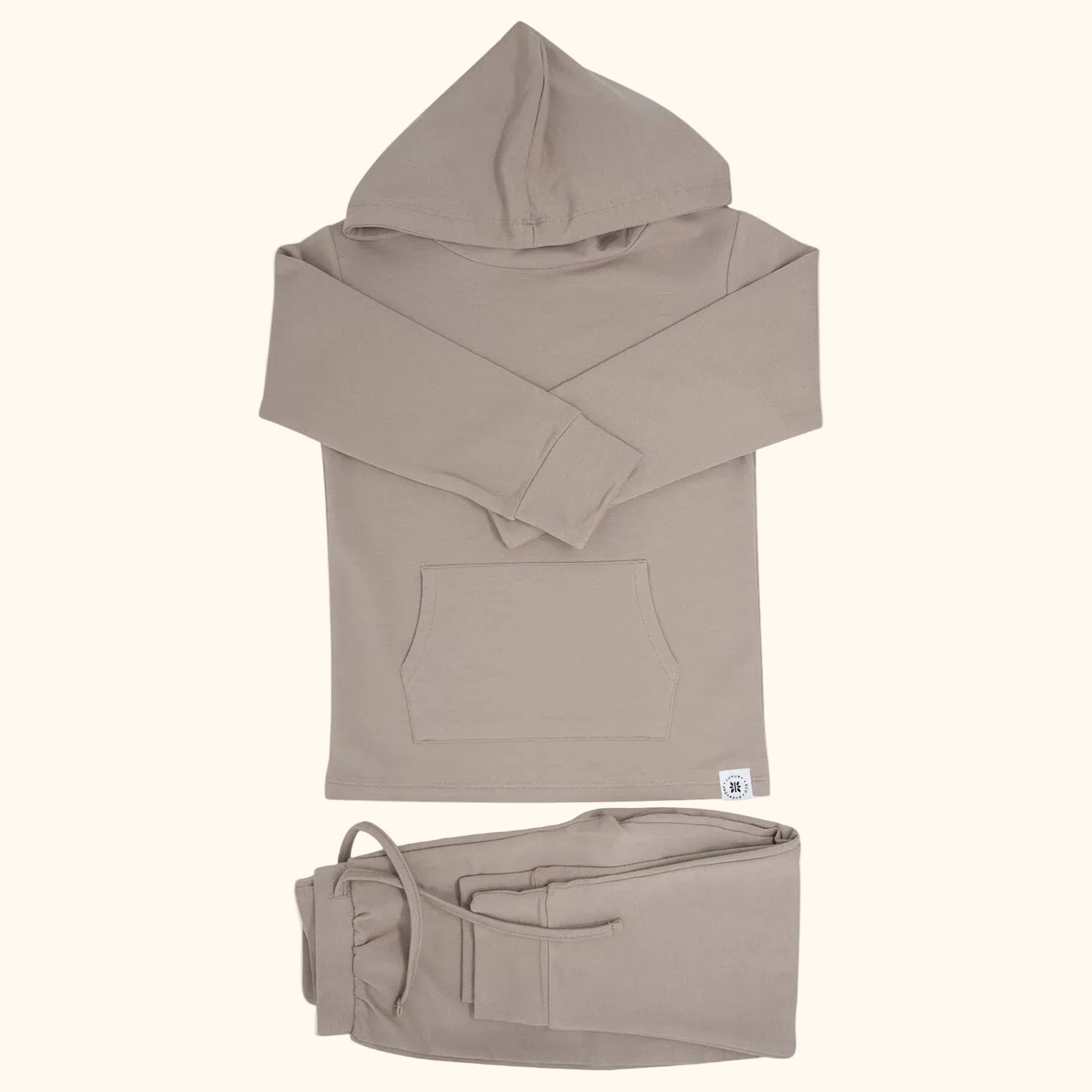 Taupe hooded top with kangaroo pocket and matching kids jogger pants, flat lay front view