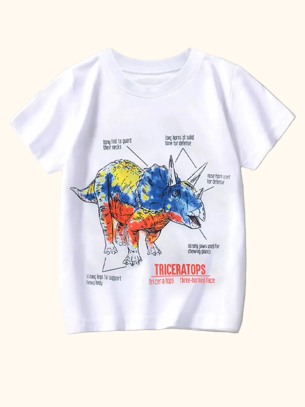 White kids Triceratops graphic T-shirt with colorful dinosaur anatomy artwork, front product view