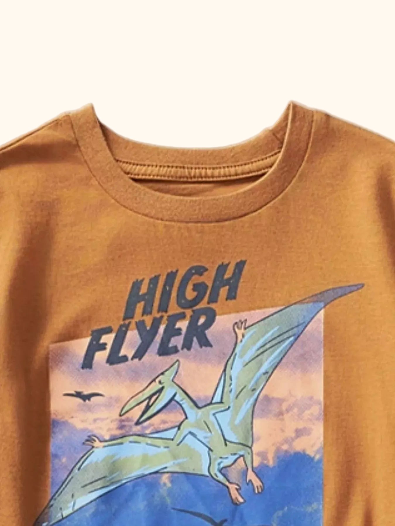Caramel kids prehistoric graphic T-shirt with round neckline, upper front close-up
