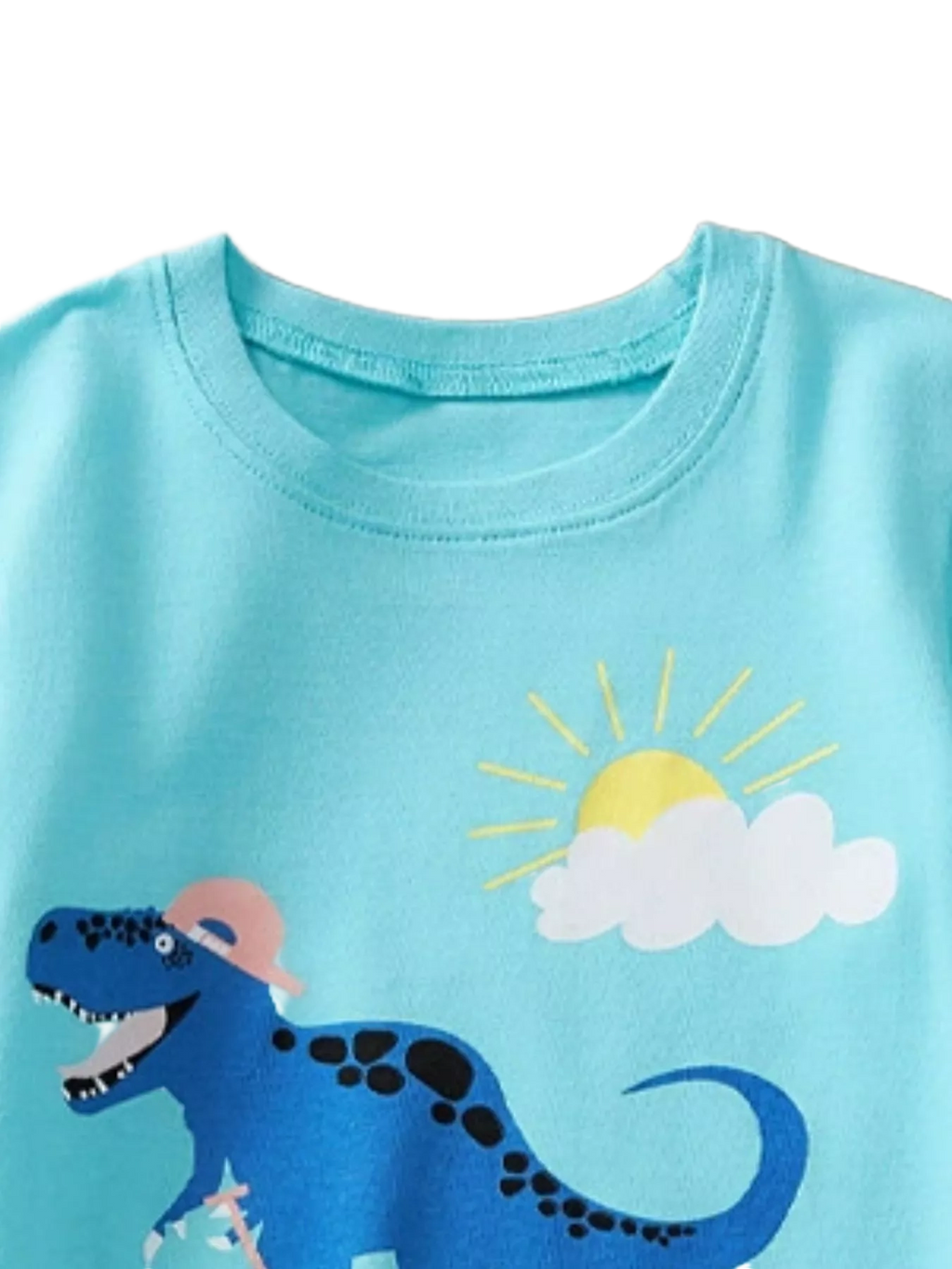 Pastel blue kids dinosaur graphic T-shirt with sun and cloud artwork, upper front close-up