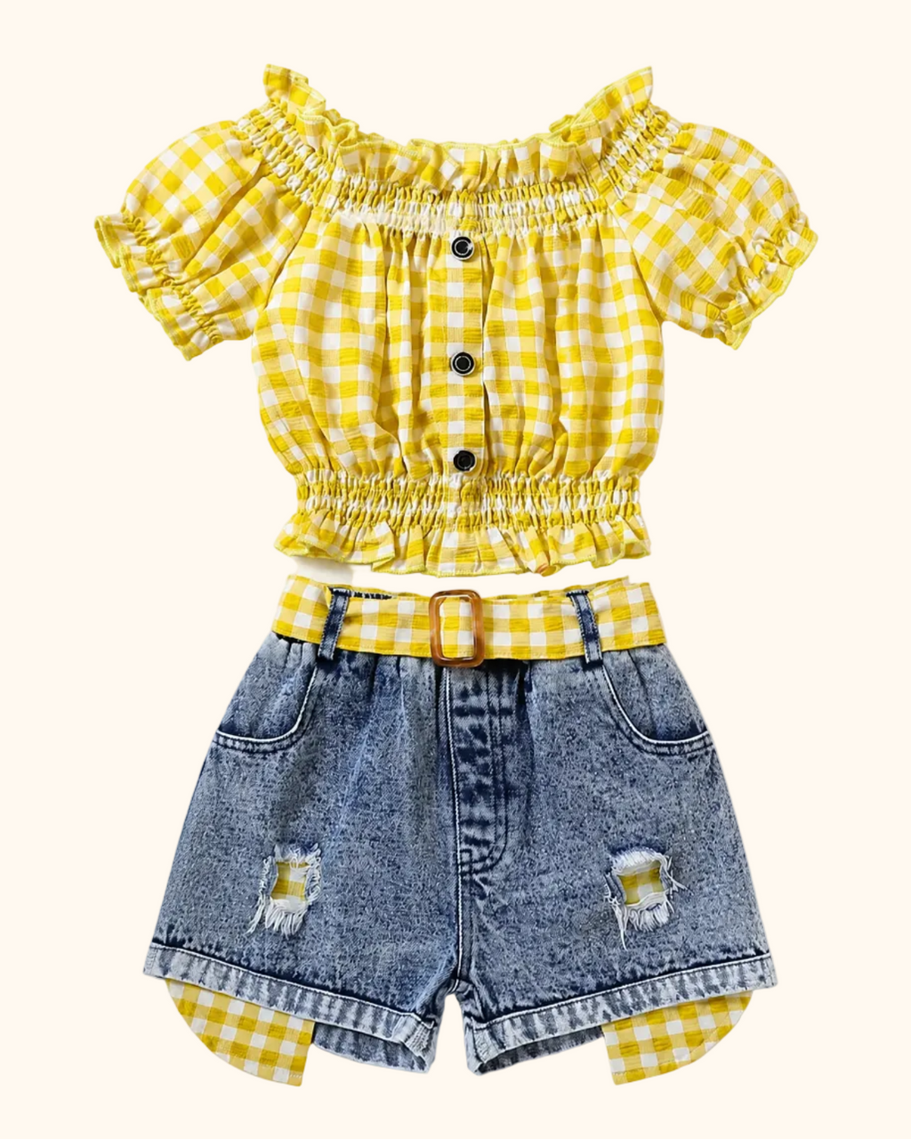 Kids Gingham Ruffle Top & Denim Shorts Set