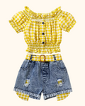 Kids Gingham Ruffle Top & Denim Shorts Set