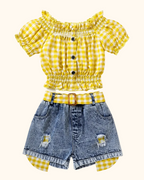 Kids Gingham Ruffle Top & Denim Shorts Set