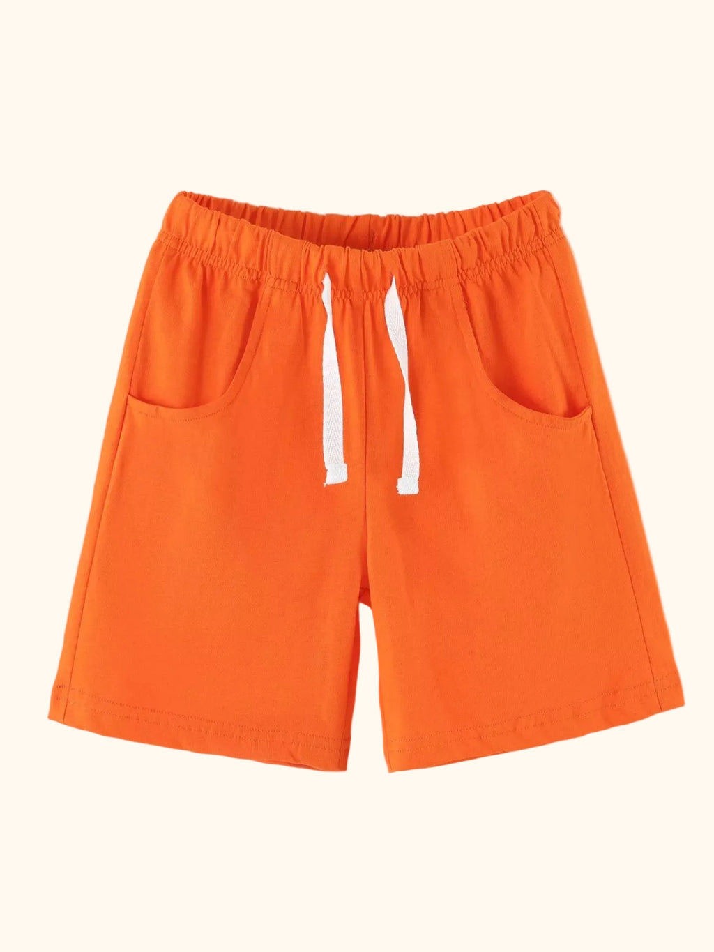 Orange kids shorts with side pockets and elastic drawstring waist, front product view