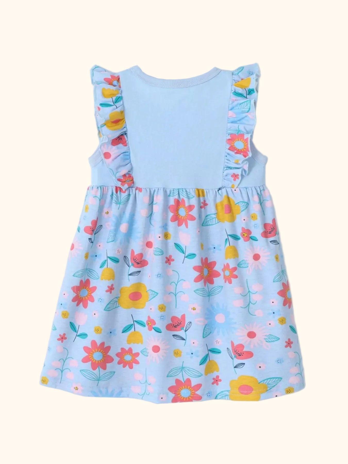 Lake blue kids floral ruffle dress with solid bodice and floral skirt, back product view