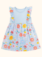 Lake blue kids floral ruffle dress with colorful gathered skirt, front product view