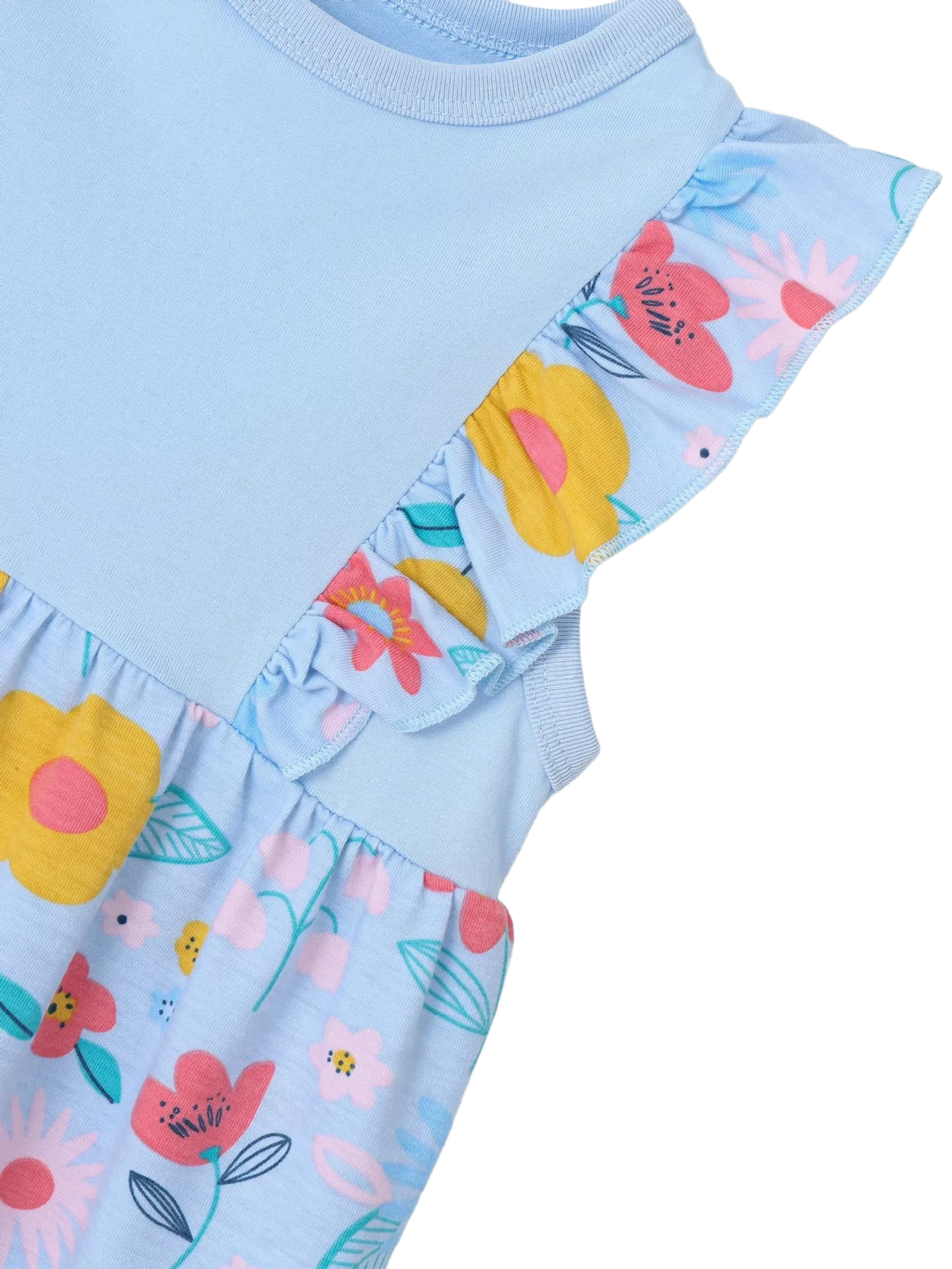 Lake blue kids floral dress with printed ruffle shoulder detail, close-up view