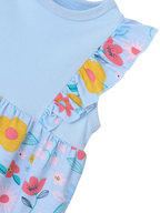 Lake blue kids floral dress with printed ruffle shoulder detail, close-up view