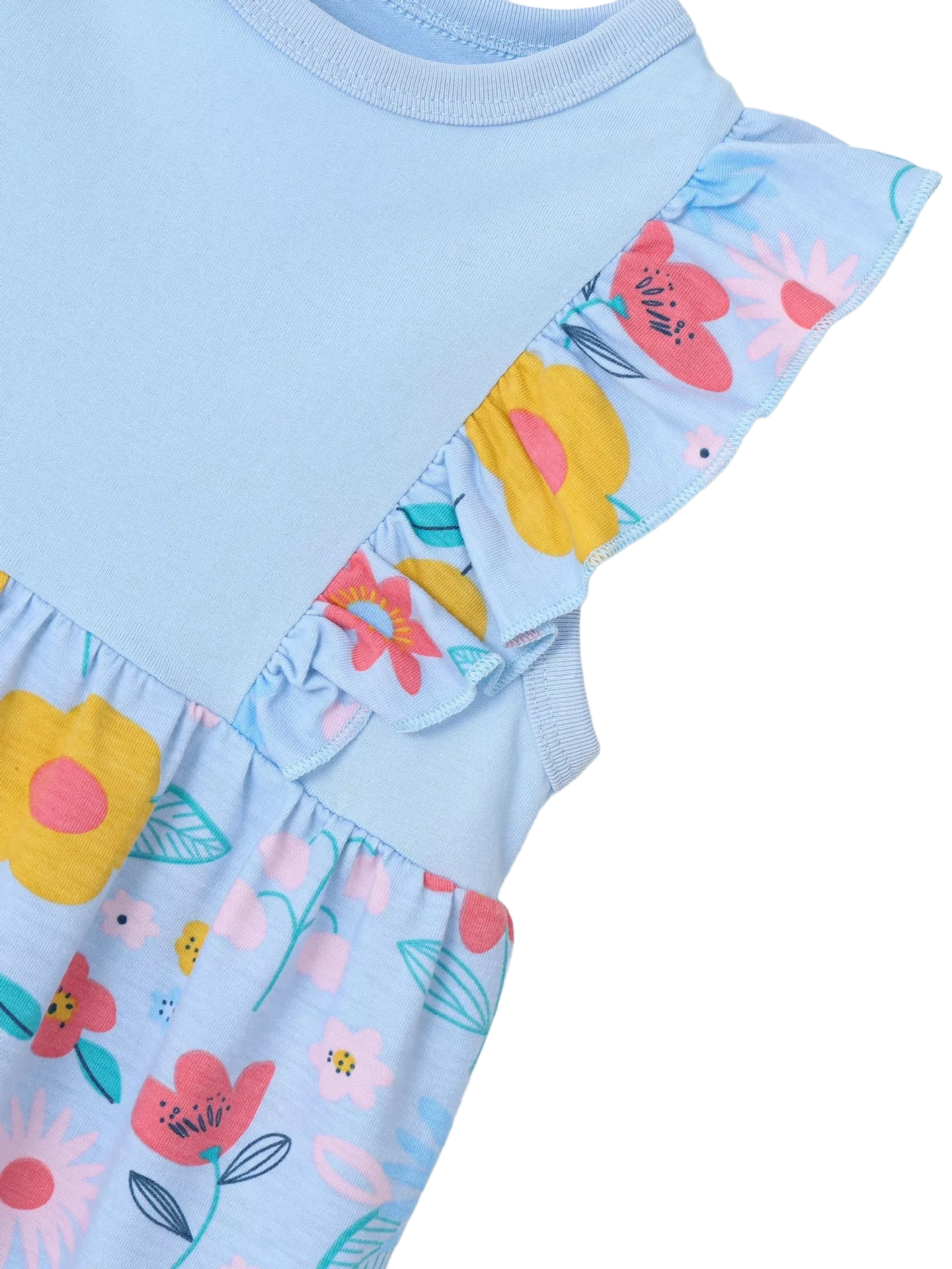 Lake blue kids floral dress with printed ruffle shoulder detail, close-up view