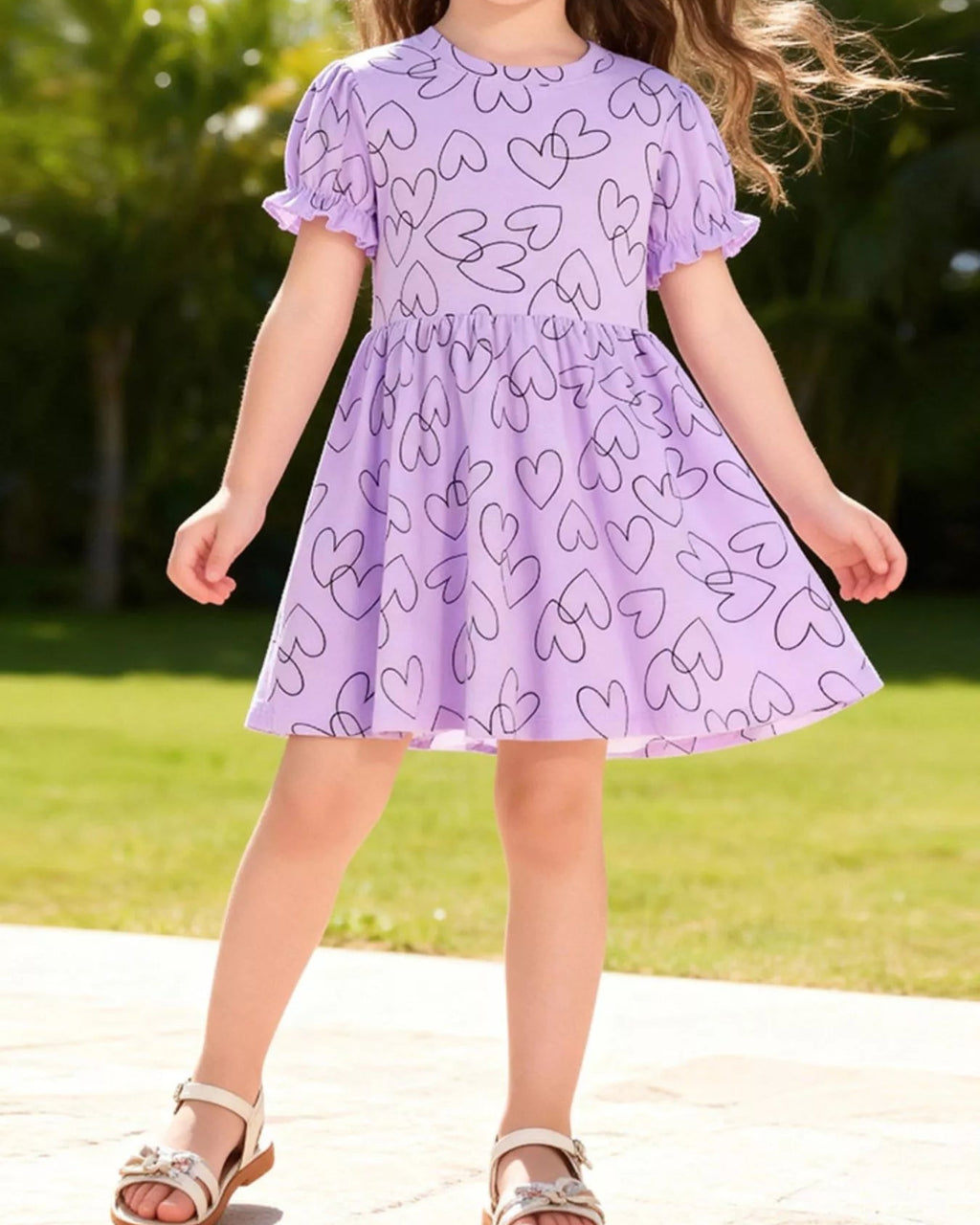 Lavender kids heart print ruffle sleeve dress with gathered skirt, front model view