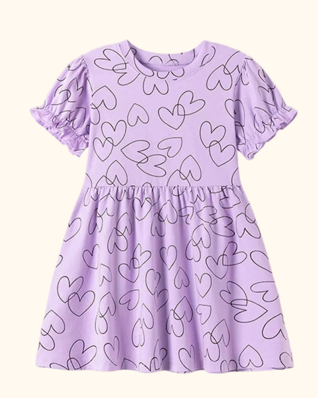 Lavender kids heart print dress with puff sleeves and ruffled cuffs, front product view