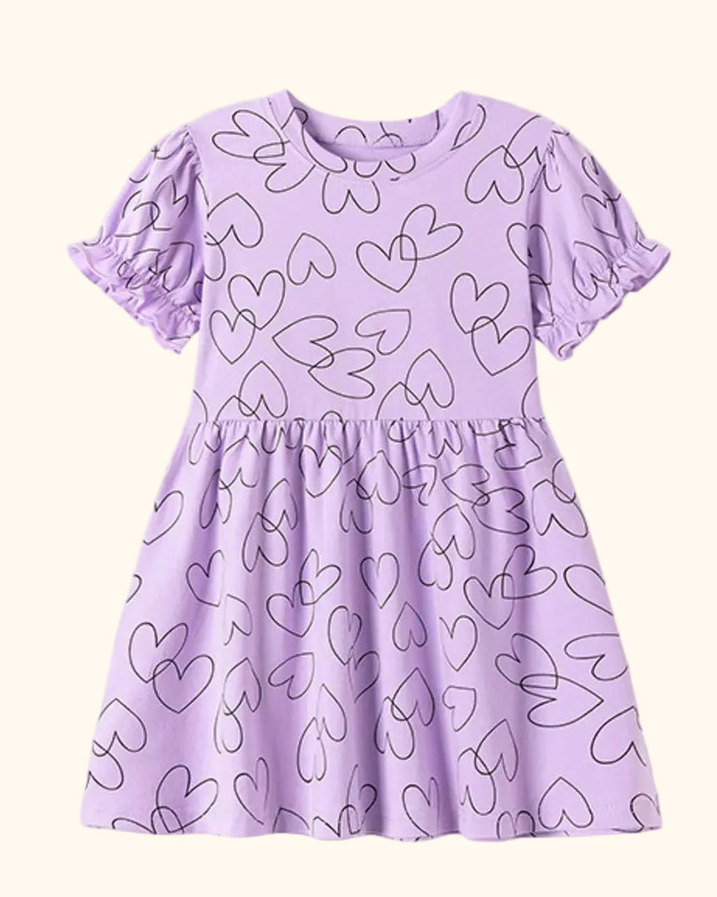 Lavender kids heart print dress with puff sleeves and ruffled cuffs, front product view