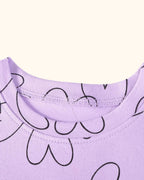 Lavender kids heart print dress with round neckline, neckline close-up