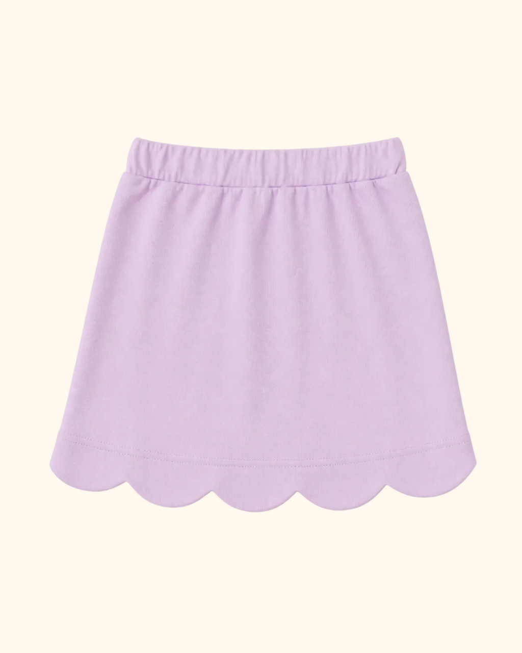 Lavender kids skort with scalloped hem and elastic waistband, back view