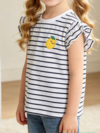 White and navy striped kids T-shirt with lemon appliqué and layered ruffle sleeves, front lifestyle view