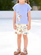 Light blue kids cat appliqué T-shirt and printed shorts set worn by child, front lifestyle view