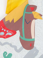 Light gray kids T-shirt with colorful horse and desert graphic, close-up front view