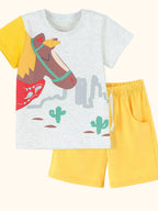 Light gray horse graphic T-shirt and yellow drawstring shorts set, front product view