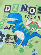 Light green kids T-shirt with dinosaur, stegosaurus, volcano and Dino’s Island graphic, front detail view