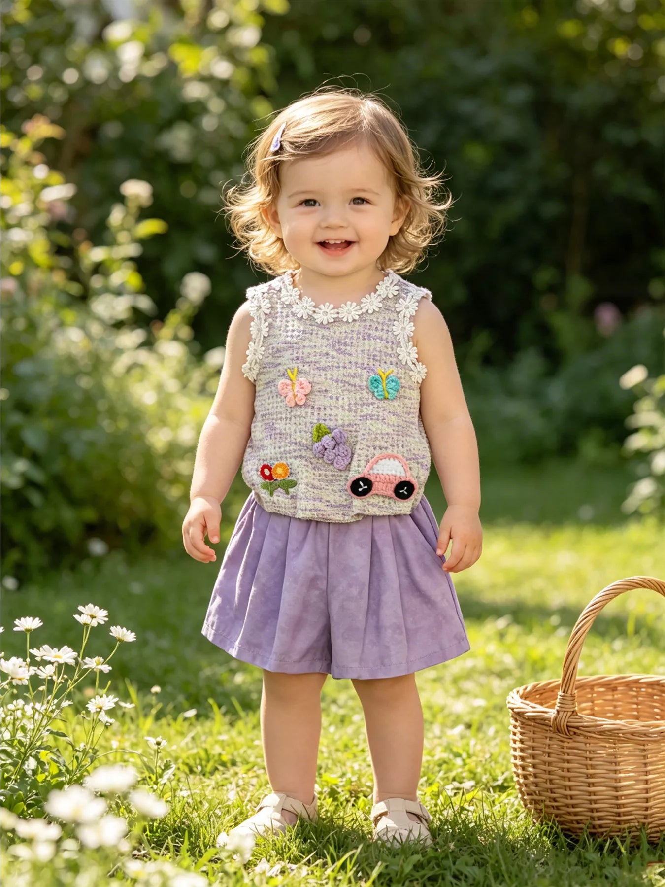 Light purple baby flower appliqué sleeveless top and matching shorts set, full product detail view