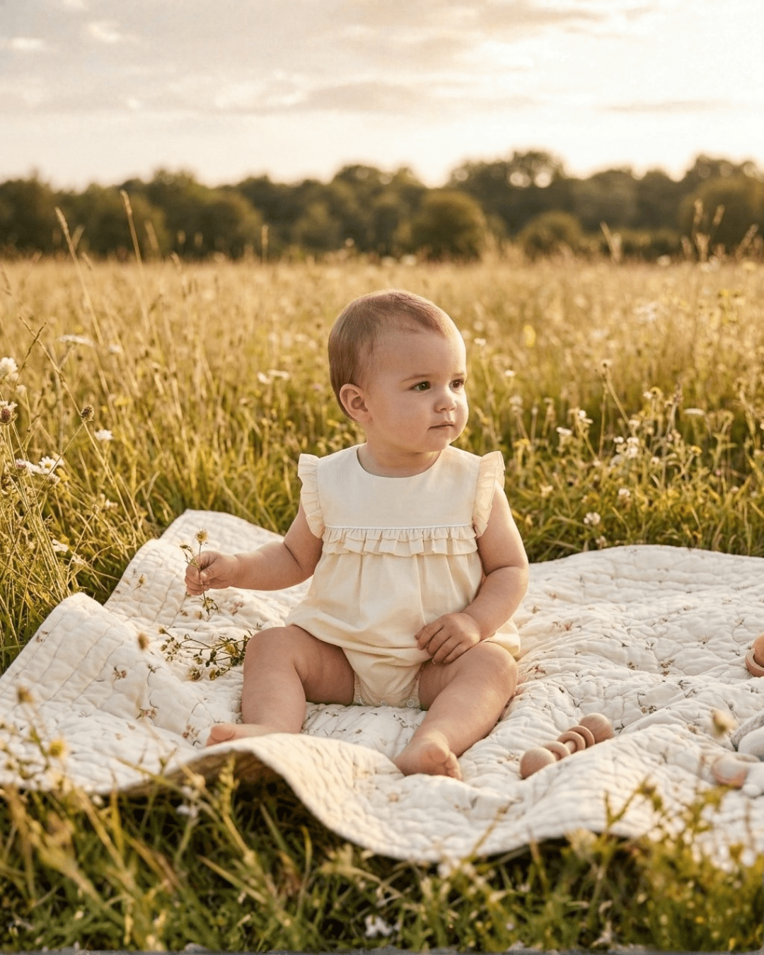 Light yellow baby ruffle romper with shoulder trim, modeled outdoor front view