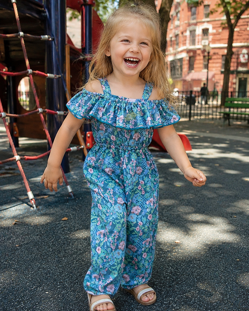 Lily Floral Cold-Shoulder Kids Jumpsuit - Blue