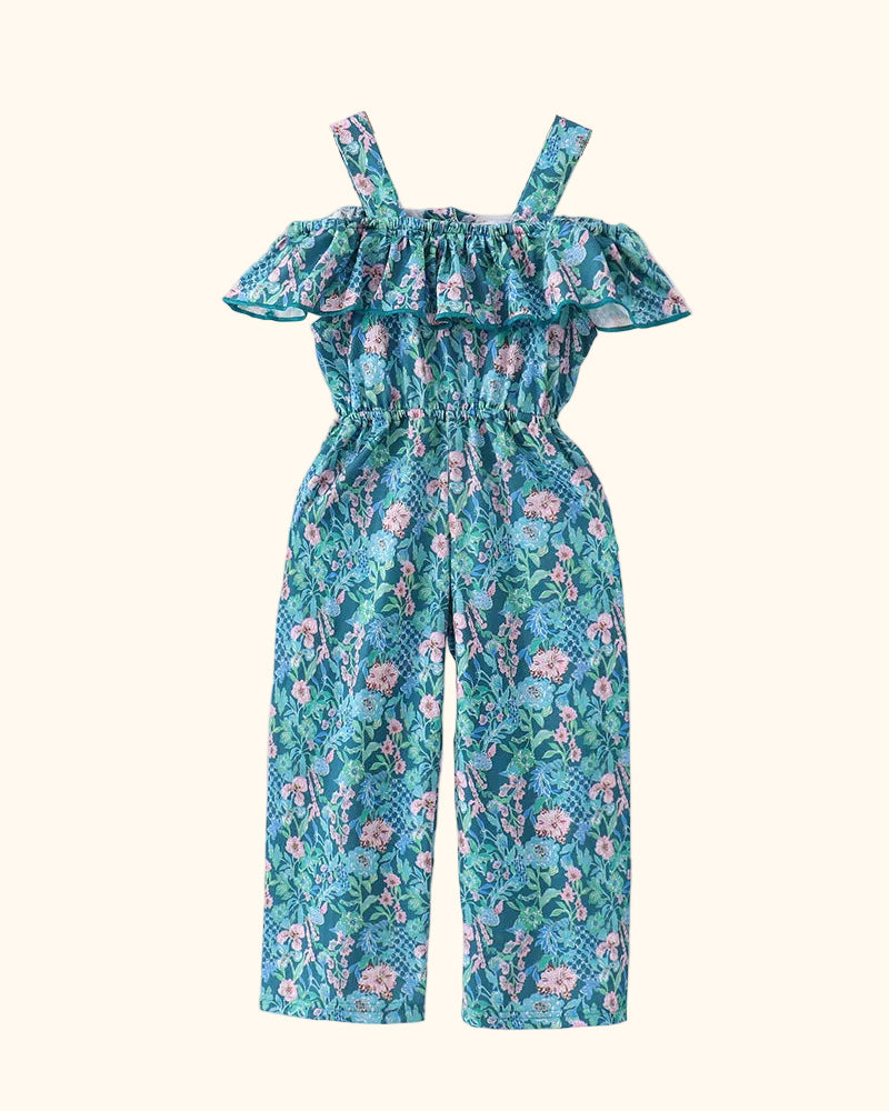 Blue kids floral cold-shoulder jumpsuit with wide straps and elastic waist, front product view