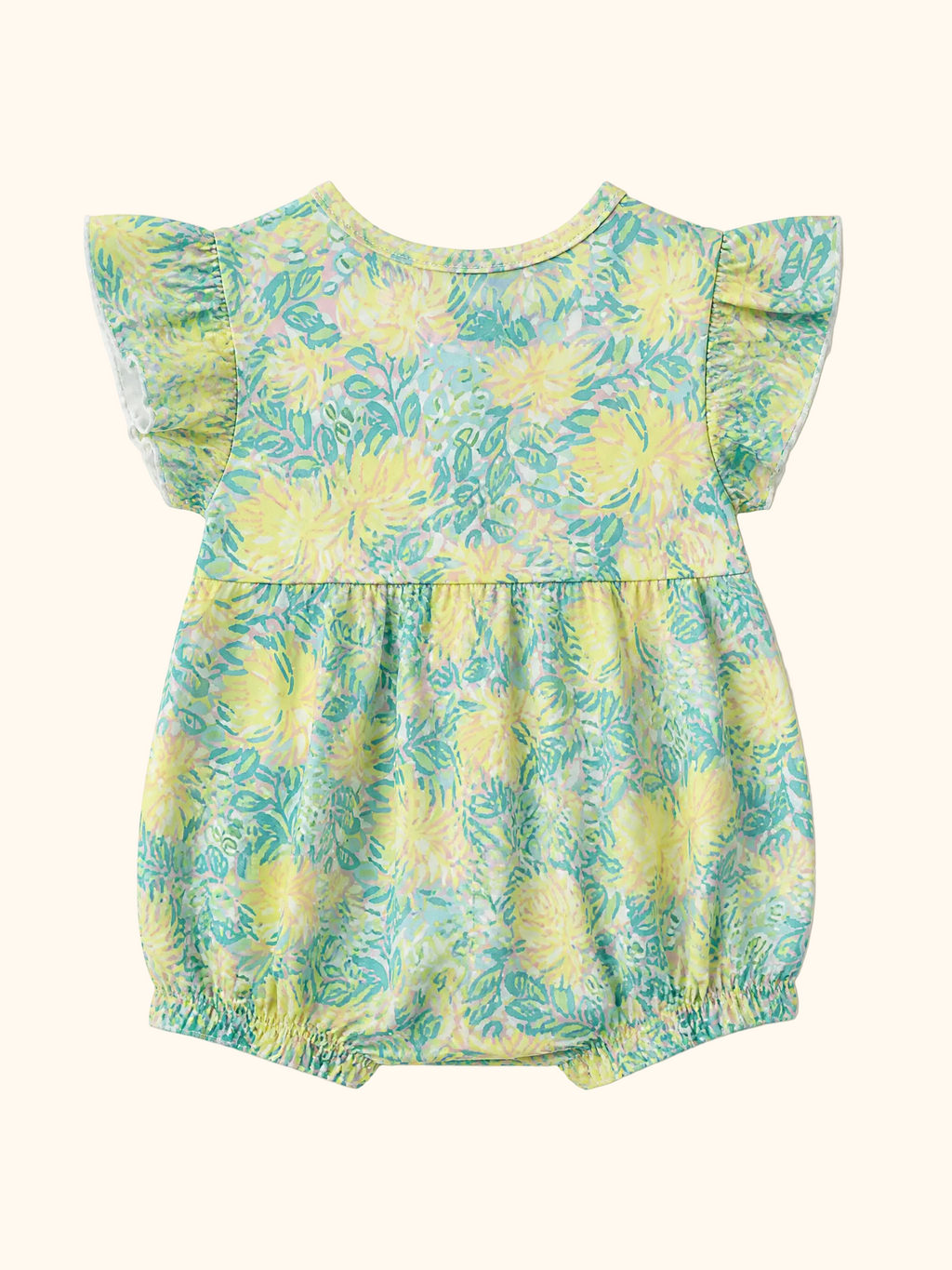 Yellow lily floral flutter-sleeve baby romper with gathered waist, back product view