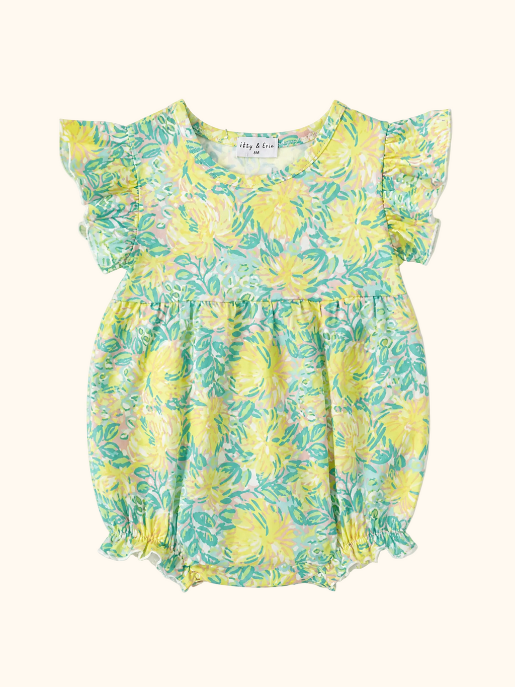 Yellow lily floral baby romper with flutter sleeves and gathered bubble shape, front product view