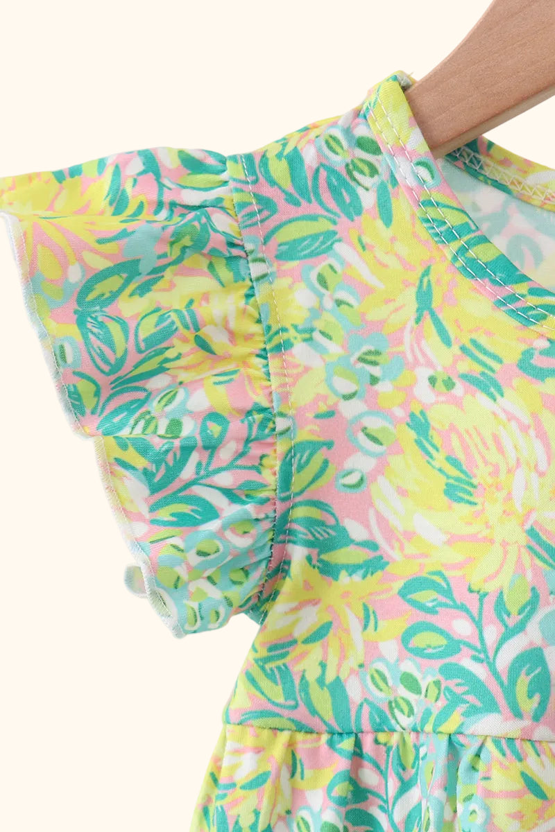 Yellow and aqua floral baby romper with layered flutter sleeve, close-up view