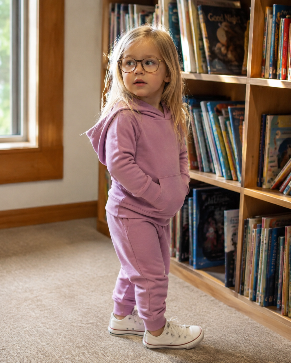 Lotus pink kids hooded jogger set with kangaroo pocket, front lifestyle view