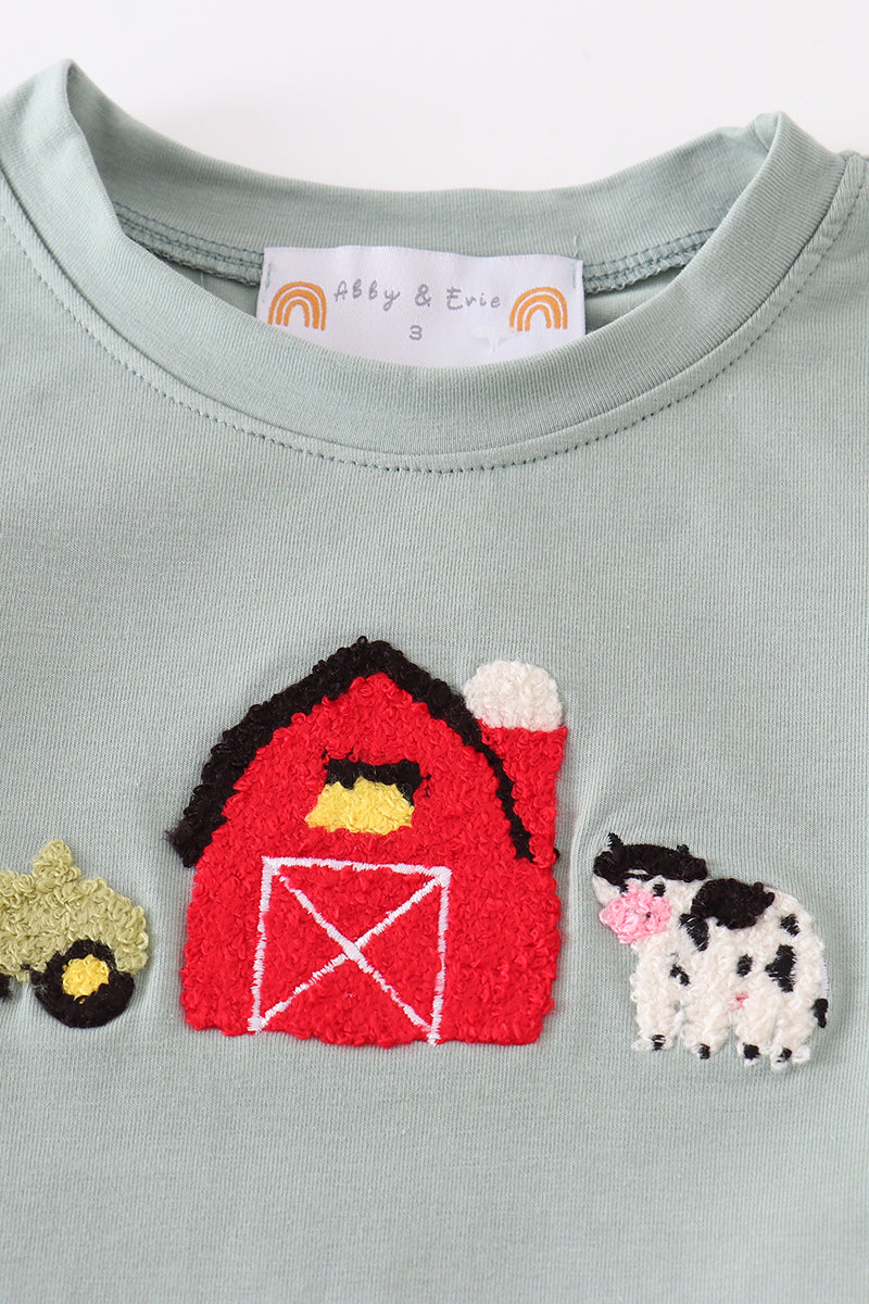 Kids Green Farm French Knot T-Shirt & Gingham Shorts Set