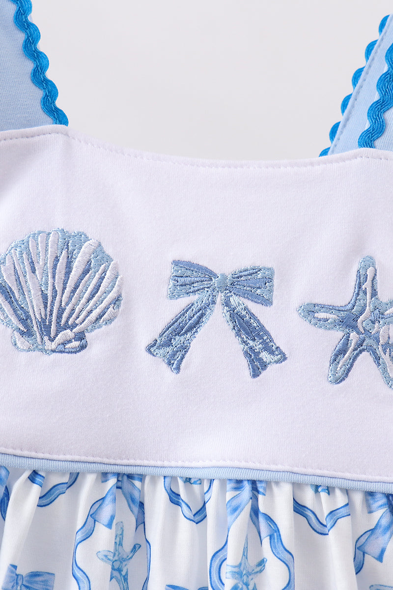 Shells Embroidered Dress - Blue