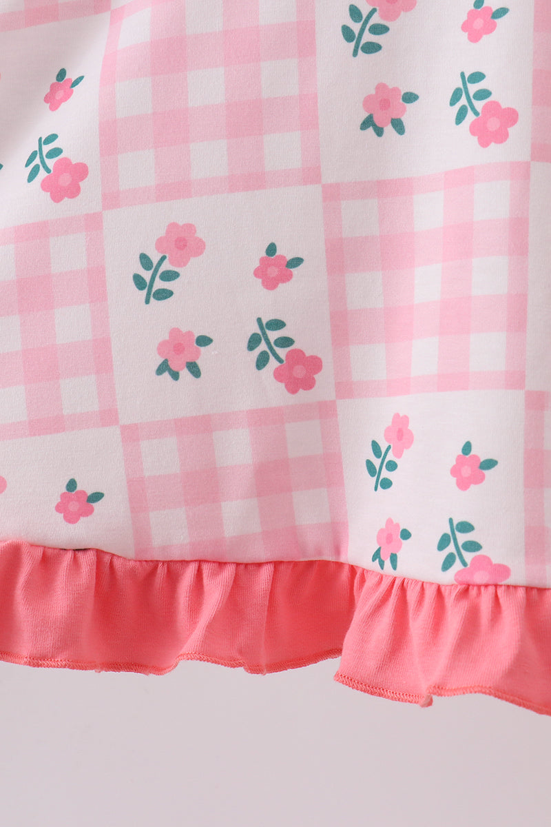 Kids Pink Floral Gingham Ruffle Dress
