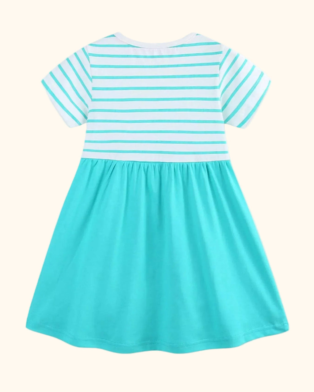 Mint blue kids striped short sleeve dress with solid gathered skirt, back product view