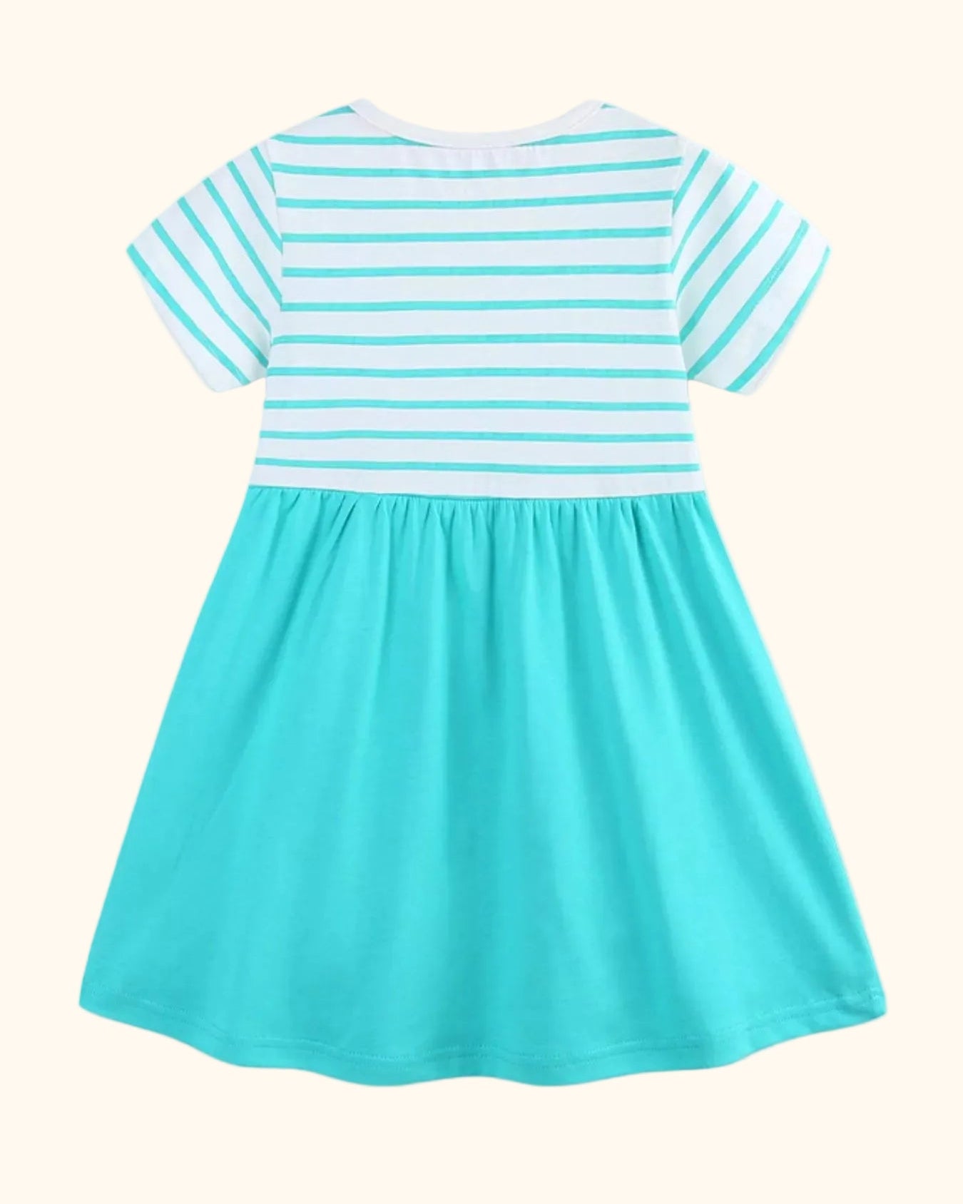 Mint blue kids striped short sleeve dress with solid gathered skirt, back product view