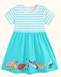 Mint blue kids striped turtle and fish embroidered dress, front product view