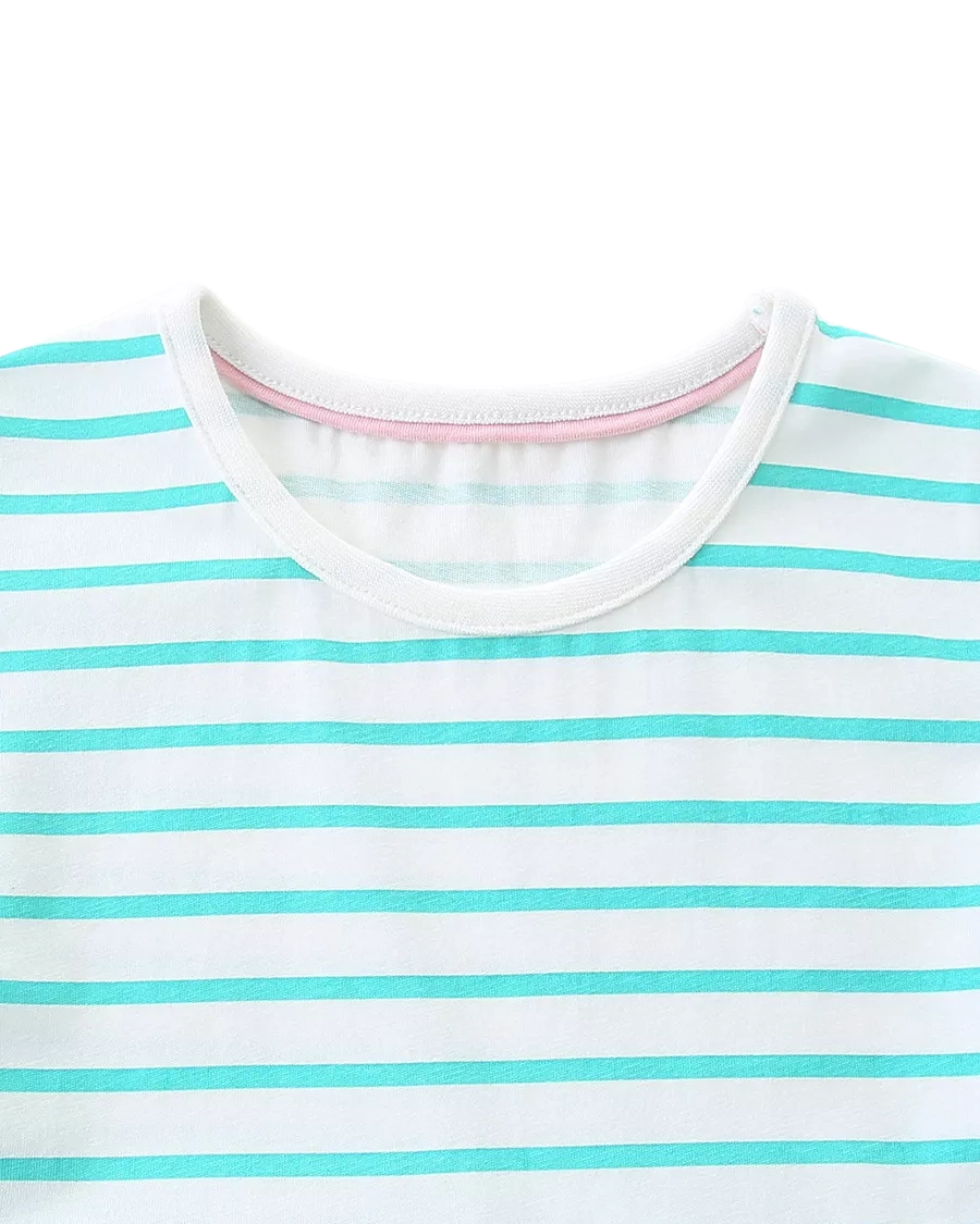 Mint blue and white striped kids dress with round neckline, neckline close-up