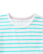 Mint blue and white striped kids dress with round neckline, neckline close-up