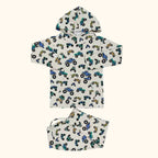 Ivory monster truck hooded top and matching kids jogger pants, flat lay front view