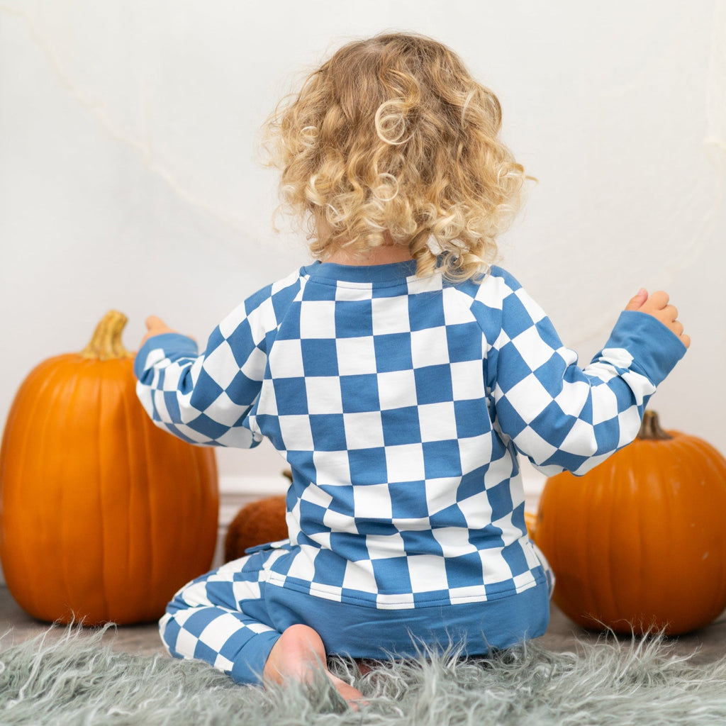 Moody blue and white checker kids jogger set, back lifestyle view