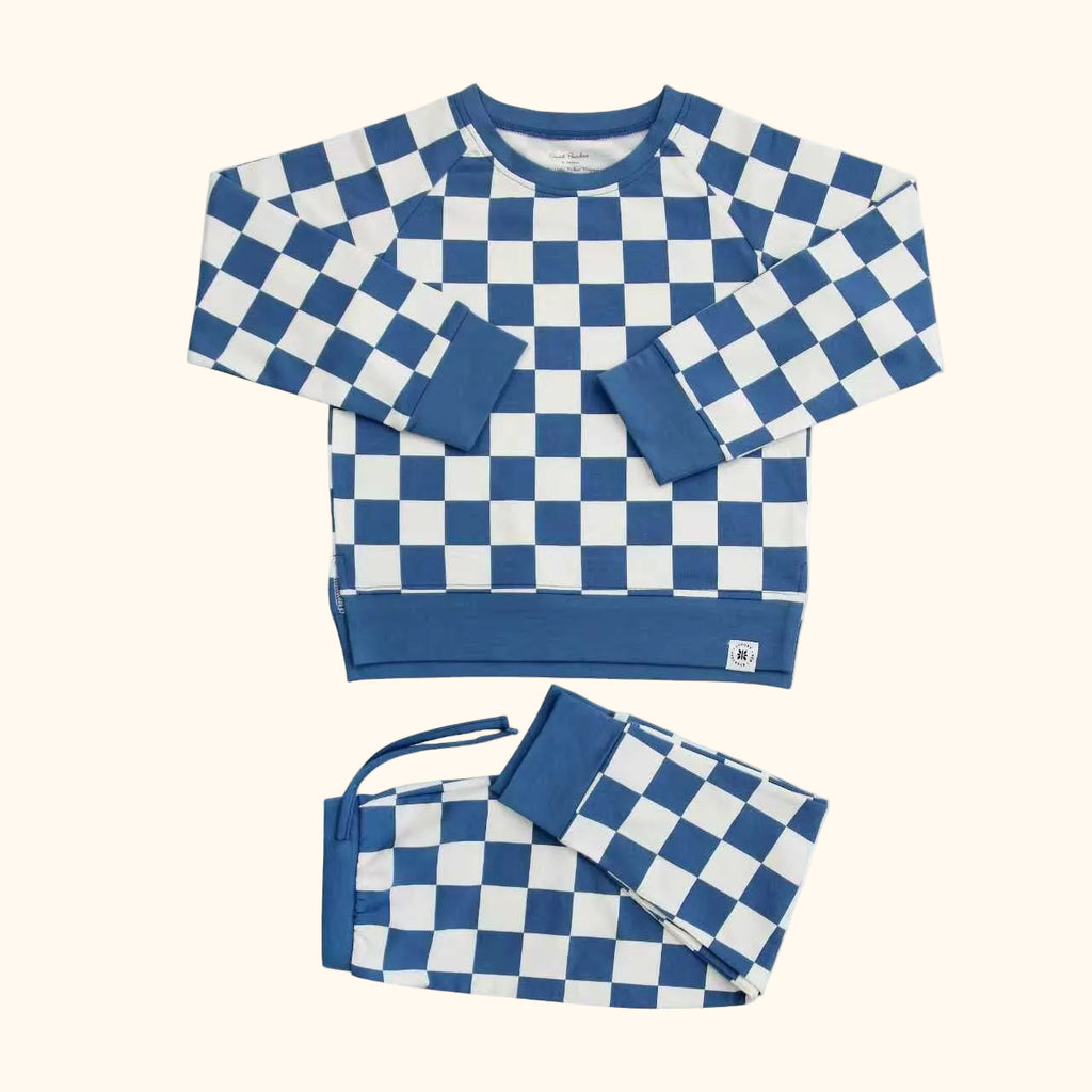 Moody blue checker crew neck top and matching jogger pants, flat lay front view